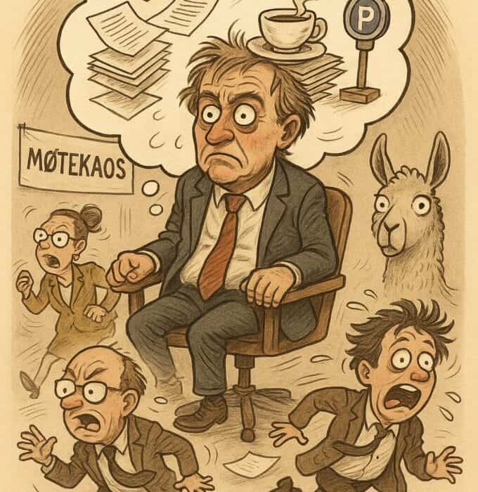 Lokalpolitiker satt fast i sitt eget resonnement i tre døgn – dramatisk møtekaos i Glattbygden (Gjøvik) 5 Karikatur av politiker som sitter fast i langt resonnement under kommunemøte i Gjøvik