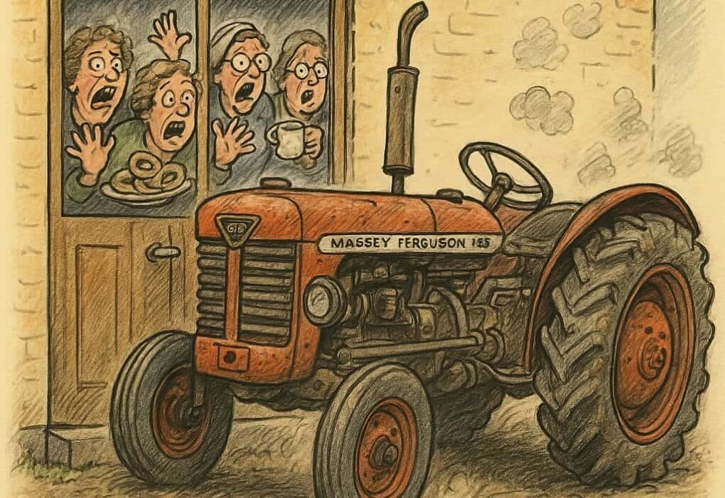 SJOKK I SLØFTEBYGDA: Husmorlaget sperra inne av villfaren veterantraktor! 5 Karikatur av husmorlag innesperra på bygdatunet av ein villfaren veterantraktor.