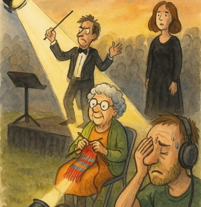 Kulturkollaps i Tromøy (Arendal): Spornesfestivalen 2025 endte i spotlight-kaos og strikkekrise! 5 Karikatur av mislykket kulturfestival i Arendal med spotlightfeil og strikkende publikum