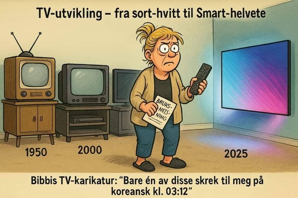 Karikatur av TV-er fra 1950 til 2025 i en stue