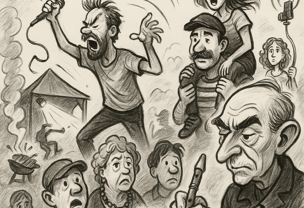 Drama i Sandgrava (Larkollen): Festival eller fellesferie med gitar? 5 Karikatur av festivalkaos på Larkolluka med publikum i forvirring, dårlig scene og flygende grillpølser.