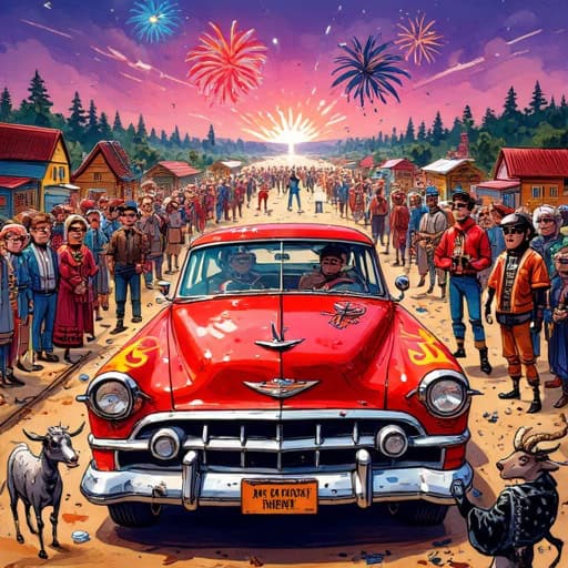 Fra Katastrofe til bygderølp: Halva Priset og den fineste Chevy’n som tok Norge med storm 5 Karikert festivalbilde med Halva Priset framfor rød Chevy, bygdefolk i ekstase og glittergeit i rampelyset