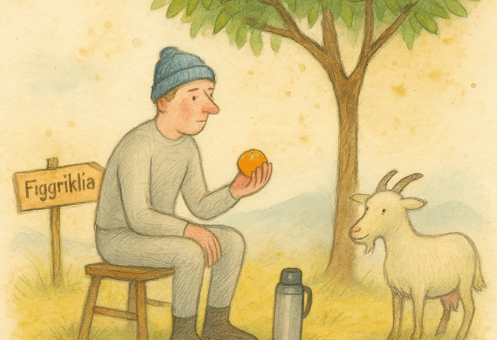 Postkort fra Figgriklia (Kypros) – ull, appelsiner og ein viss stillhet 5 Guffen i ullundertøy sit på krakk under appelsintre med geit og termos, i fargeblyantskisse.