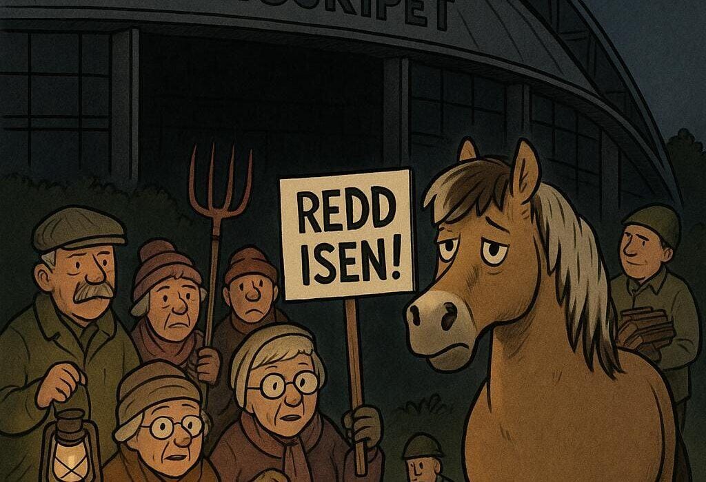 Hamar får skøyte-VM i 2025 – men straumkrisa truar mesterskapet 5 Ein fjording står framfor Vikingskipet i Hamar med plakaten "Redd isen!", omgitt av pensjonistar med parafinlamper og kubjeller.