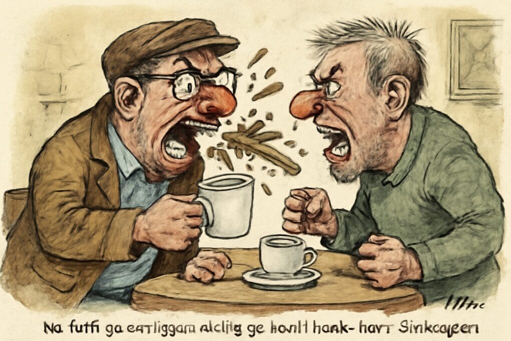 Kaffebesøk på Haugland: Kaffekoppen som rysta bygda 5 Karikatur av Arne "Sju-beger" Haugland og Tore "Vassdragen" Bjerke i opphetet kaffeduell på kafeen.