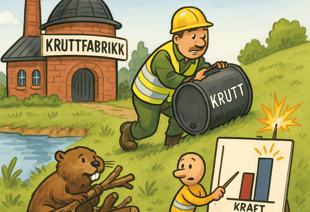 Kruttvik (GJØVIK) KOMMUNE VIL BYGGE KRUTTFABRIKK: – Det holder ikkje med kuler, må òg ha krutt 5 Karikatur av kruttfabrikk på Biri: ein bever byggjer demning, ein kommunemann rullar krutt-tønne opp bakke, PowerPoint-figur med gnistar.