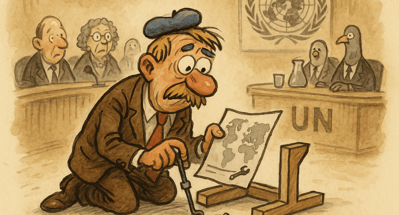 Svensk diplomat forvekslet IKEA-manual med fredsavtale – FN i flatpakka krise 5 Karikatur av svensk diplomat i diplomatisk kaos – FN-humor og koffeinangst