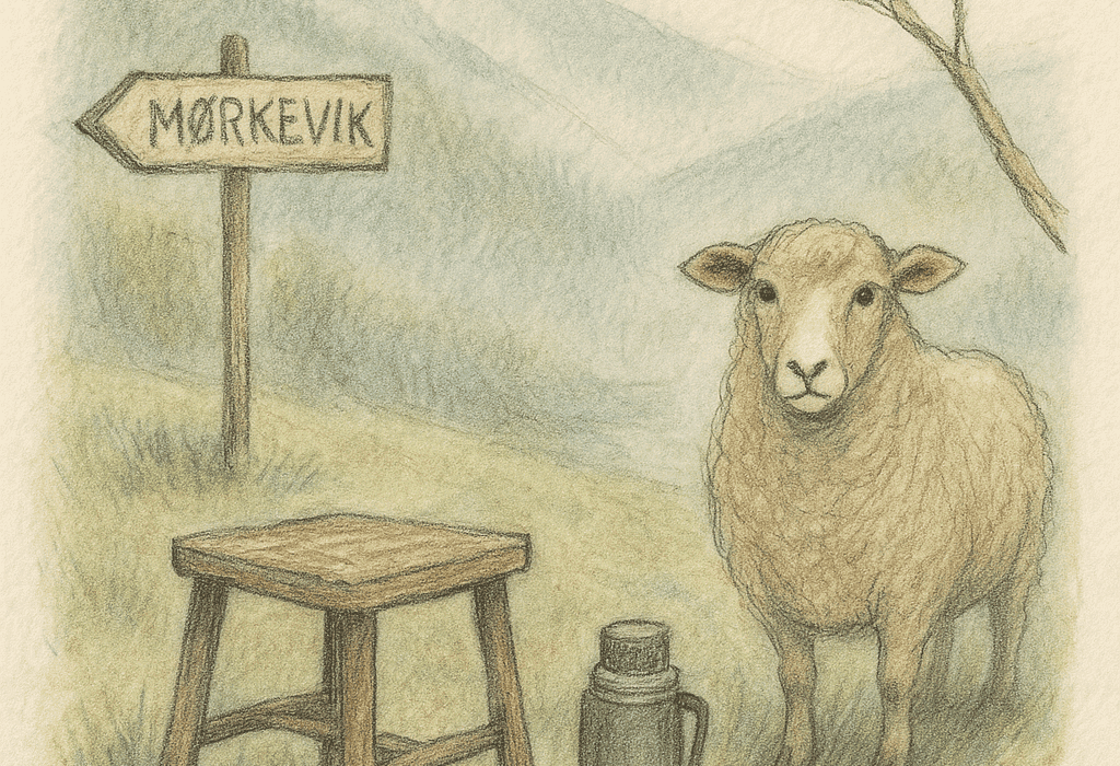 Tilbake til Mørkevik (Melhus) – der minner lukter fuktig kjeller og pølsevatn 5 Gammal krakk, termos og stirrande sau i tåkete landskap – Mørkevik (Melhus)