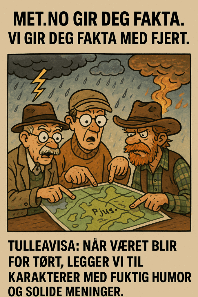 Tulleavisa.no – Der satire møter alvor med et smil i munnviken 6 Tre karikerte menn studerer et kart over Pjuskeby under et kaotisk vær, med lyn, regn og røyk. Ansiktene viser alvor, forvirring og besluttsomhet. Satire
blandet med humor og alvor.