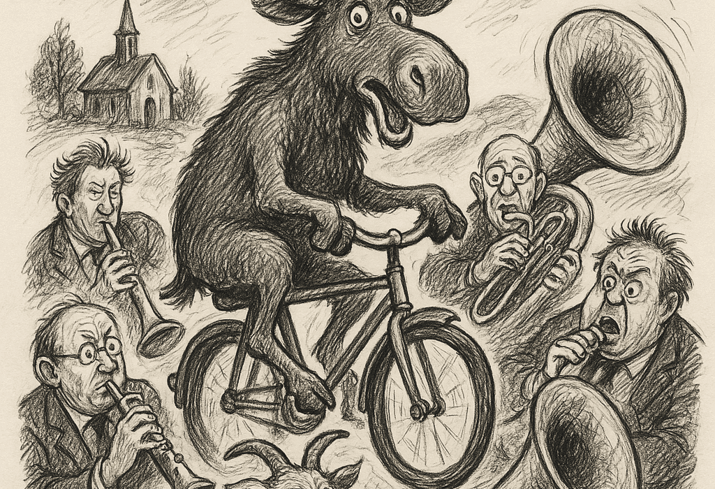 Ellevill elg i Økseskogen – kapret sykkel, forårsaket hornorkester og traff fru Lund med en geit 5 Karikatur av elg på sykkel gjennom hornorkester i Økseskogen