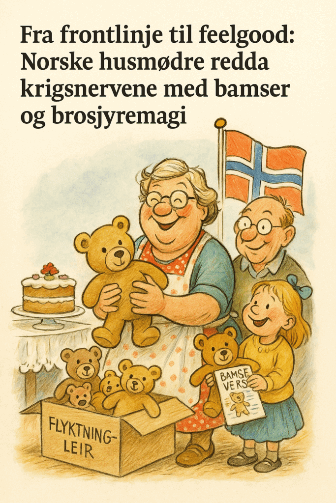 Når krig blir kos: Norske donasjoner og den ubehagelige balansen 10 Bestemor med forkle holder en bamse foran kakebord og norsk flagg, omgitt av barnebarn og en eske merket ‘Flyktningleir’ – en illustrasjon av norsk giverglede i satirisk setting.
