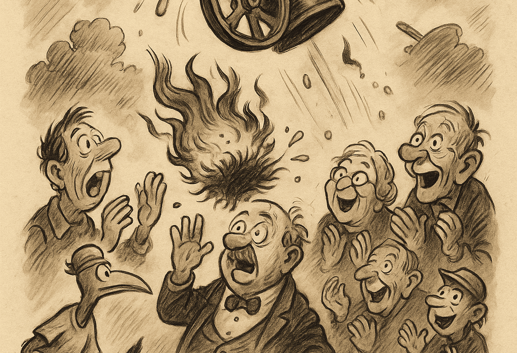Eksplosjon i Bæljeby (Elverum): Gammel mjølkeseparator tok fyr under jubileumsfeiring 5 Karikatur av separator-eksplosjon under mjølkefestival i Bæljeby (Elverum)