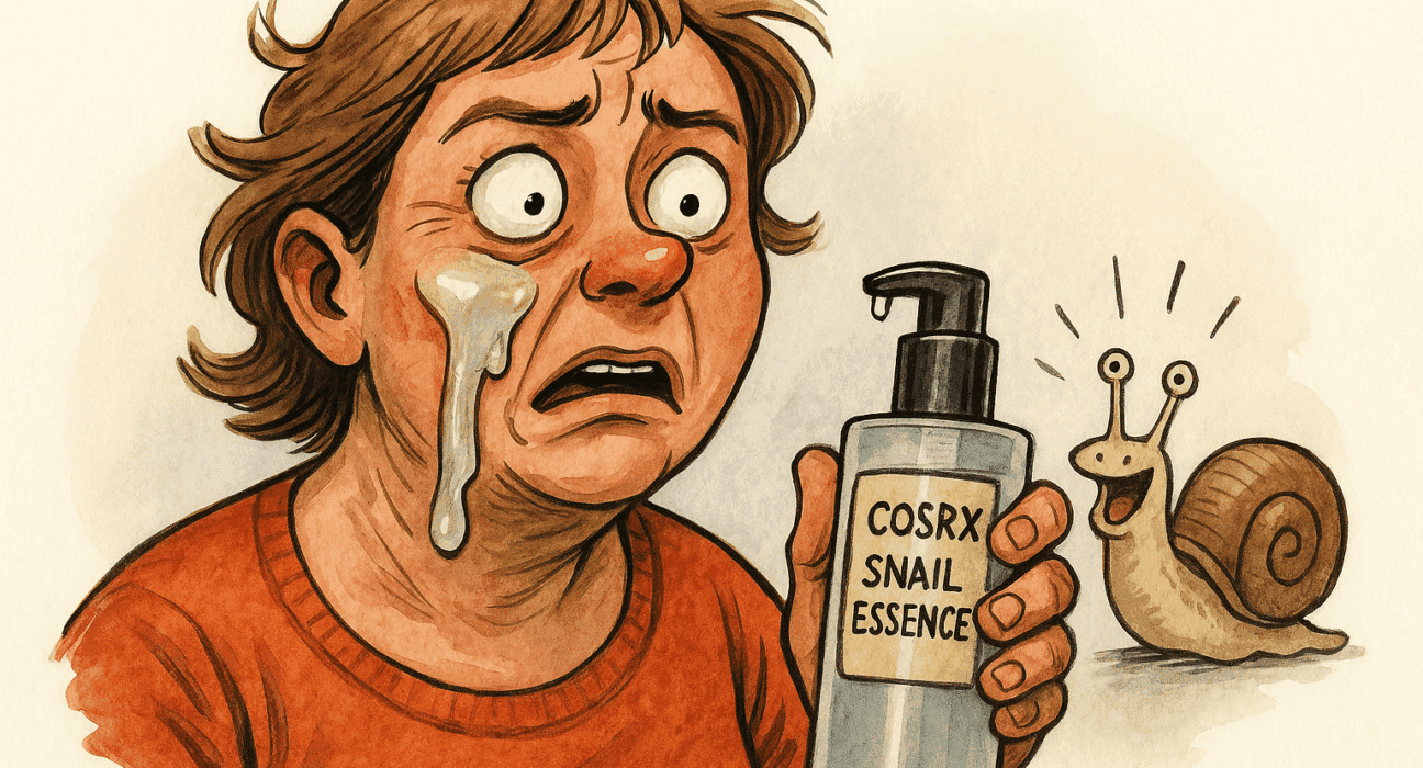 Bibbi testet snegleslim for huden – ble våt, forvirra og mildt glødende 5 COSRX Snail Essence testet av Bibbi Plastikkbøtte – morsom produktillustrasjon uten tekst.
