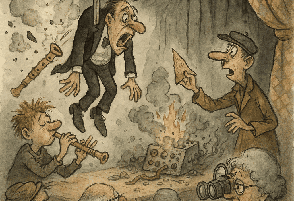 Kakekast og kulturkræsj i Tjafs-myra (Innlandetstrupen): Ein operaforestilling med fløyte og flatbrød 5 Karikatur av dramatisk teknisk svikt på Tjafs-myra (Innlandetstrupen) operaforestilling