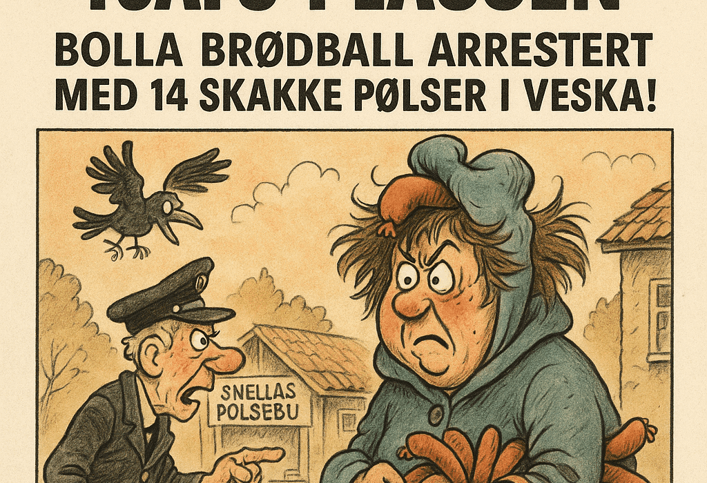Pølsekupp på Tjafs-plassen – Bolla Brødball arrestert med 14 skakke pølser i veska! 5 Karikatur av Bolla Brødball som blir arrestert på Tjafs-plassen med pølser i veska og ein i hetta