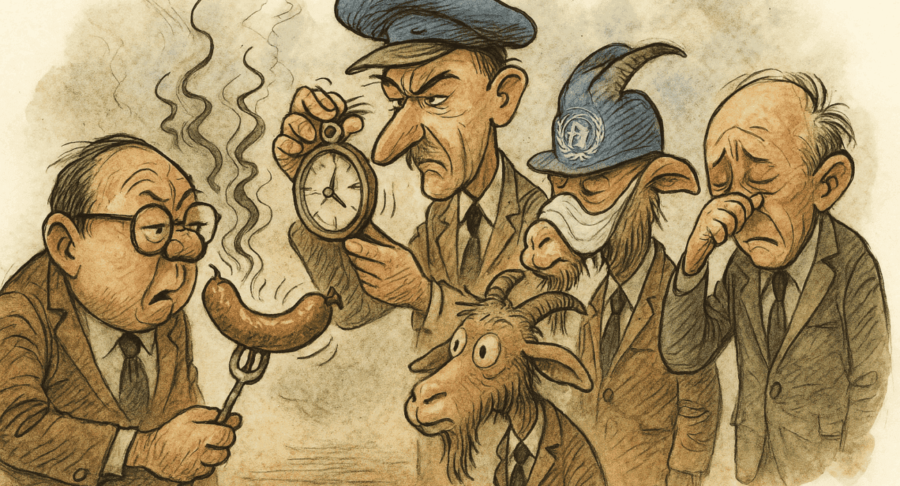 Hvorfor hele Pjuskeby boikotter pølse med lukt – og FN reagerer med skepsis 5 Karikatur av diplomater som snuser skeptisk på mystiske pølser, mens én forsøker å bruke et kompass til å måle lukt.