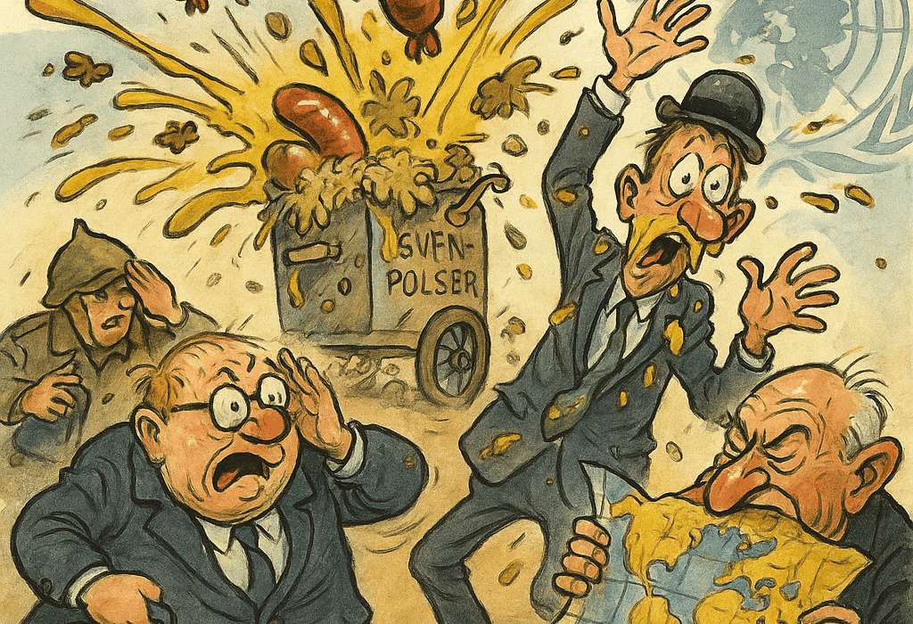 Kråkkas Pølsebu eksploderte – 17 liter sennep og ein diplomat frå Snurp-høgda forsvann 5 Karikatur av pølseeksplosjon og diplomatisk panikk – FN-humor og sennepsskvetting