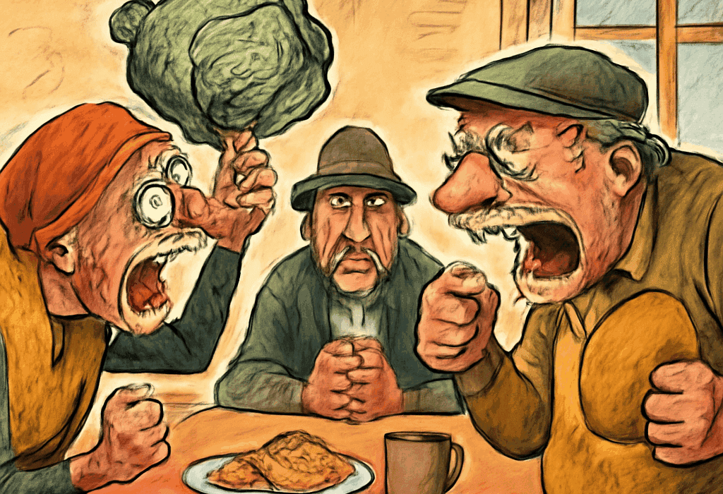 Drama i Kjafstorp: Den Store 'Grønnkåldebatten' som Rystet Bygda! 5 Karikatur av grønnkåldebatt på grendehus i Sløftebygda