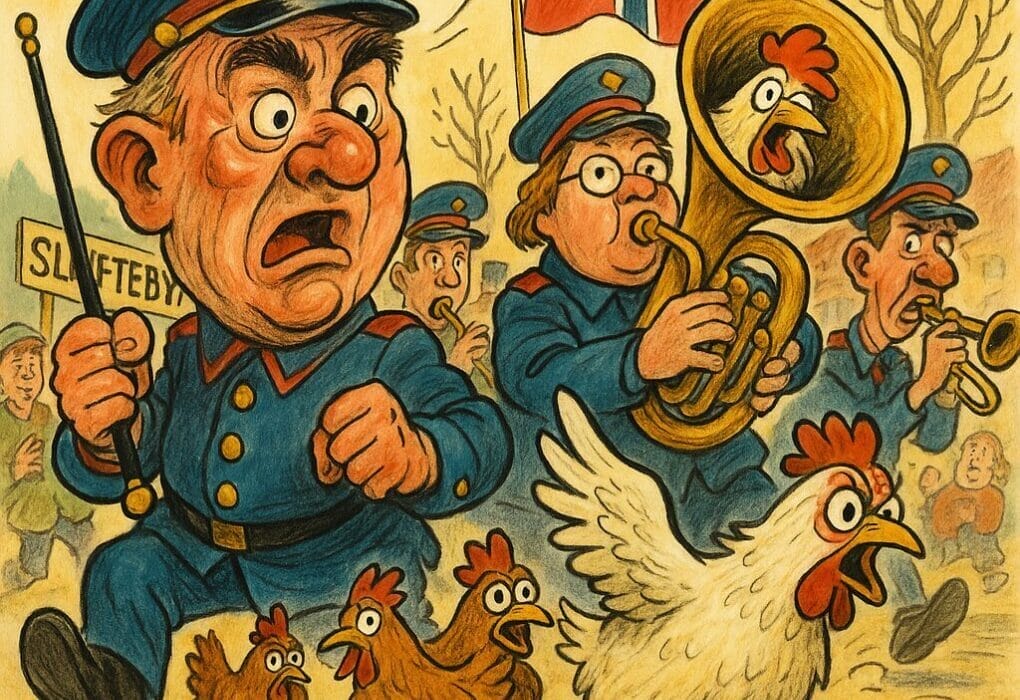 🐣 Kyllingkaos i Sløftebygda: Eggstraordinær dramatikk på 17. mai-øvinga! 5 Karikatur av korpsøving i Sløftebygda avbrote av høner som stormar marsjrekkja. Ein tubaist har fått ei høne i instrumentet, medan dirigenten ser sjokkert ut.