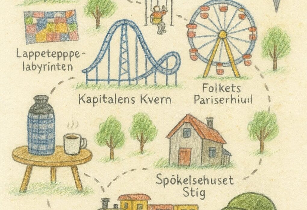 Skrål og stillhet i Trasselund (Trelleborg) – ei karusellreise med bark og bomberom 5 Utsikt over Trasselund med berg-og-dalbane, termos og ein skeiv klovn