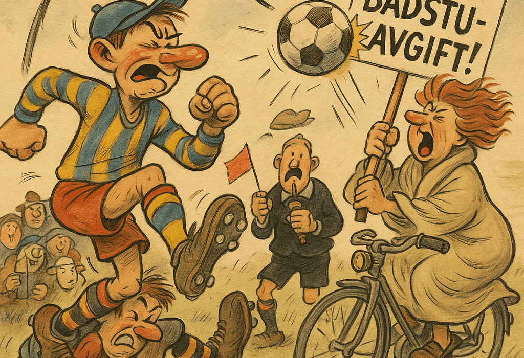 BALLKLASK MED MÅLSKRIK | GRISENES (KRISTIANSAND) 5 Karikatur av ballklask-kamp der ein spelar tunnelar ein annan, mens ei naken syklist i bakgrunnen vert truffen av ballen.