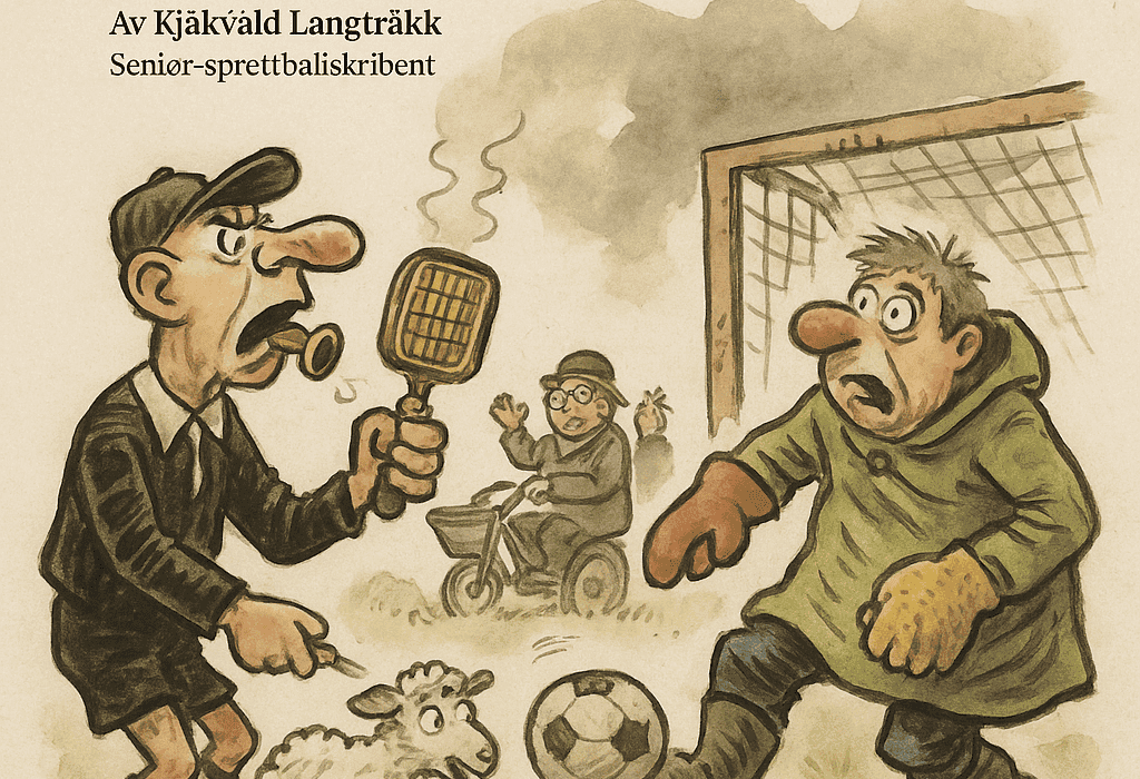 BALLKLASK MED MÅLSKRIK OG GRILLDAMP | SNURPE-TORP (STJØRDALSTRUPEN) 5 Keeper med grillvott prøver å redde ball medan sau spring i midtsirkelen og dommar held vaffeljern