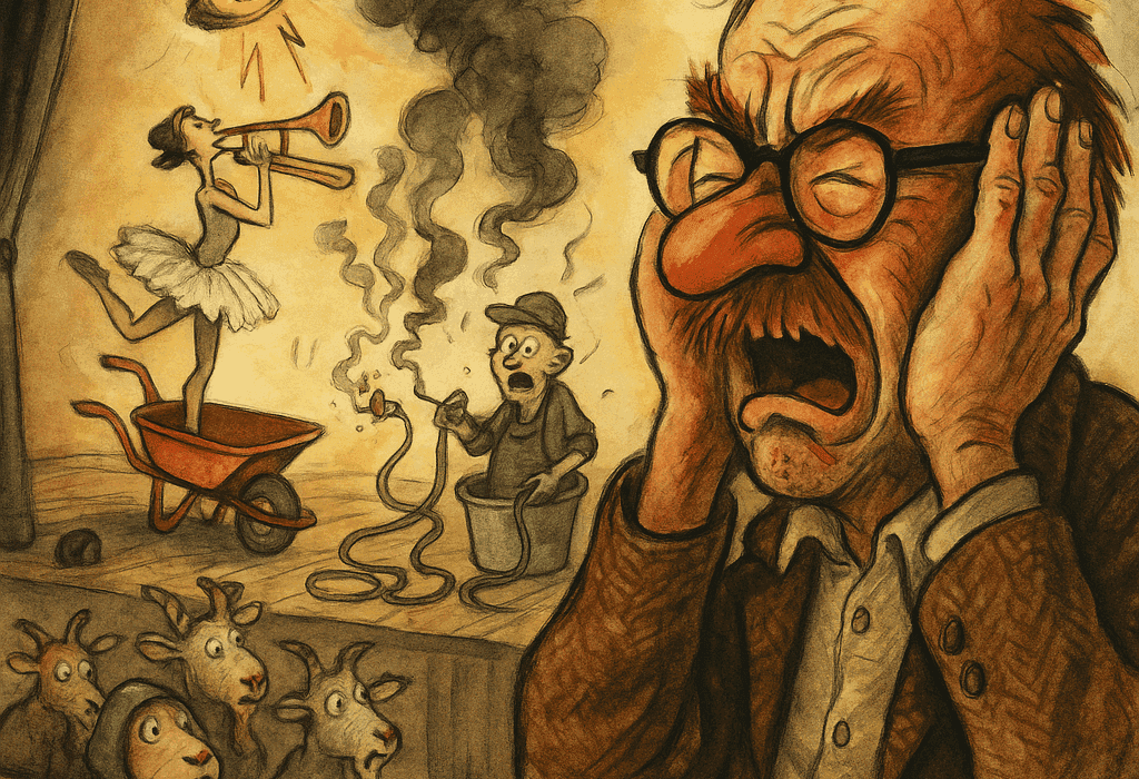 Plystreskrekk og kabelfest – kulturkræsj i Grise-torp (Gjøvik) med lysbrudd og lavmælt tragedie 5 En humoristisk karikatur i stil à la Kjell Aukrust møter Salvador Dalí. Torgny Brølteblæst holder seg for ørene midt i en gymsalscene hvor en ballerina står i en trillebår og plystrer. En tekniker står i en vannbøtte med rykende skjøteledninger. Publikum består av tre geiter og en sau i regnponcho. Stemningen er dramatisk, absurd og overdrevet teatralsk. Bildet har ingen tekst, men er signert nederst med “Torgny B.”