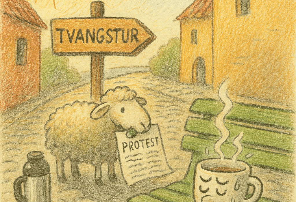 Tvangsloffen til Portugal – sardiner, svette og sivil ulydighet i sommersko 5 Håndtegnet illustrasjon av en sau som holder et skilt med «SIVIL ULYDIGHET», i en portugisisk landsbygate med kaffekopp og brostein – signert G.T.