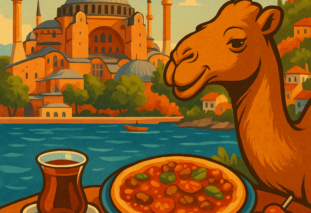 7 grunner til at Tyrkia nå vurderer å forby knirkende stoler i internasjonale forhandlinger 5 Fargerik retro-illustrasjon av Türkiye med Hagia Sofia, en kamel og tradisjonell tyrkisk mat som dolma, kebab og te – perfekt for reisereklame og kultursatire.