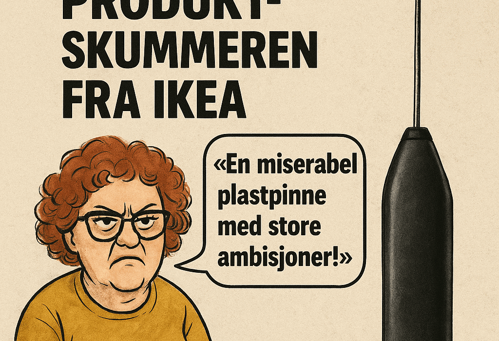 Ny test: IKEA PRODUKT melkeskummer fra Plask-torp (IKEA) – en plastpisker med drømmer om katastrofe 5 Kritisk testillustrasjon av IKEA PRODUKT melkeskummer – et billig elektrisk kjøkkenverktøy anmeldt av Bibbi Plastikkbøtte med kommentaren “En miserabel plastpinne med store ambisjoner.