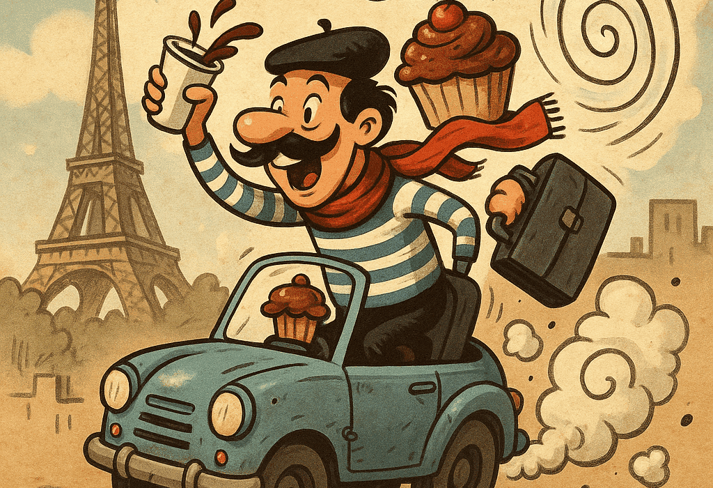 Pjuskeby-tidsmaskin testet i Paris – havnet i 1983 og bestilte fondue 5 Karikatur av tidsreisende diplomater i fransk kaos – FN-humor og koffeinangst
