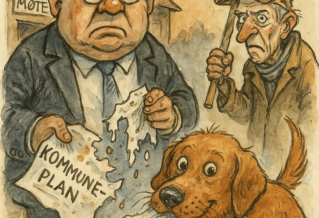Kommunehunden åt opp planprogrammet i Kløne-vik (Gjøvik) 5 Ordfører konfronteres med kommuneplan og protest – SEO: kommuneplan, hund, humor, Gjøvik