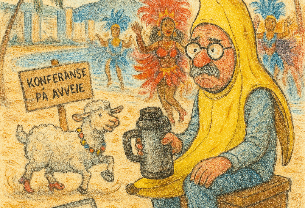 På skeive sko i Knafsobrava (Brasil) – akademisk angst, kaffesvetting og karneval med bivirkning 5 Fargeblyantillustrasjon av Guffen Turlien utkledd som banan i karneval i Brasil, med termos i hånda, dansende sambafigurer og en sau med perlekjede på stranden i Rio de Janeiro – humoristisk reiseskildring fra Knafsobrava. (Brasil)