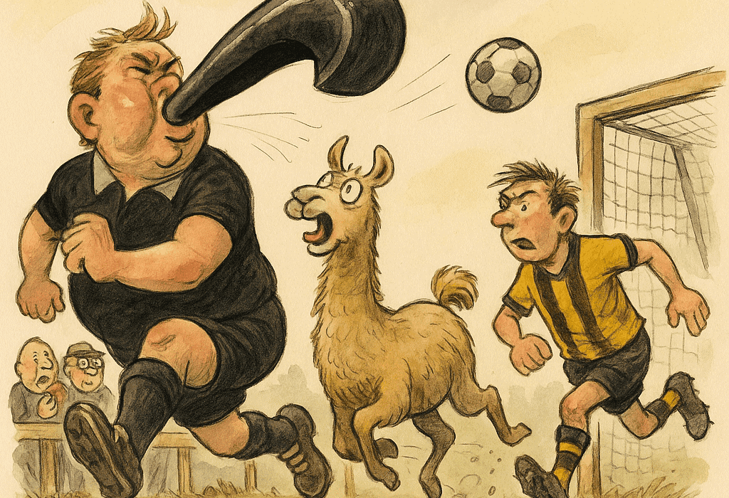 MOSS FK BANKA SKEID MED KNIRK OG KRAFT | Pjuskeby (MOSS) 5 Karikatur av fotballkamp der dommeren blåser i en altfor stor fløyte mens en lama løper etter ballen.