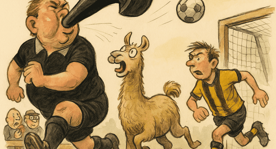 Karikatur av fotballkamp der dommeren blåser i en altfor stor fløyte mens en lama løper etter ballen.