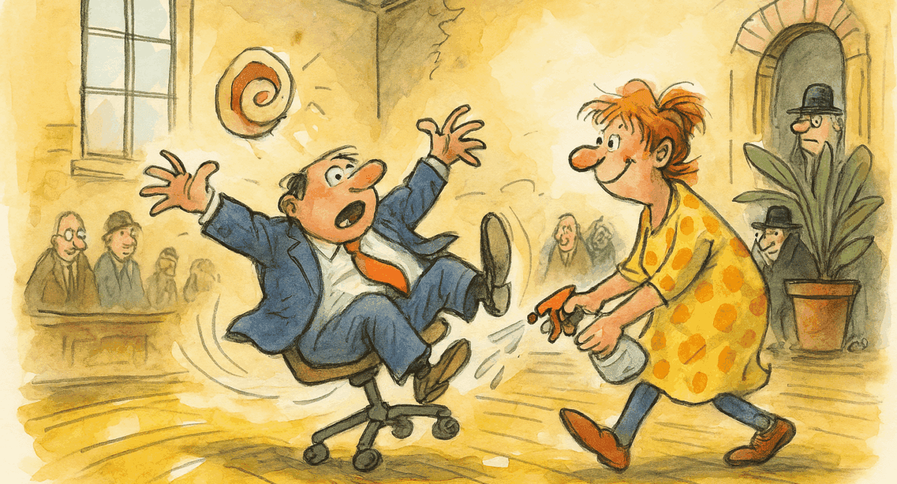 Tysk småby inviterer Fjasine Slafsen til å undervise i sleip-stol curling – angrer allerede 5 Karikatur av Fjasine Slafsen som sender en ordfører i dress i full fart over et glatt rådhusgulv på en kontorstol. FN-delegater flykter i bakgrunnen mens en målskive laget av pølsepapir svever i luften.