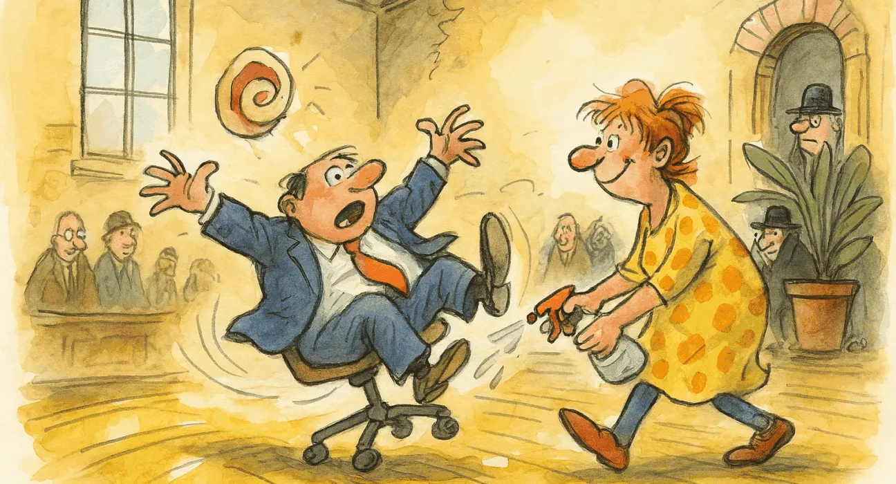 Tysk småby inviterer Fjasine Slafsen til å undervise i sleip-stol curling – angrer allerede 5 Karikatur av Fjasine Slafsen som sender en ordfører i dress i full fart over et glatt rådhusgulv på en kontorstol. FN-delegater flykter i bakgrunnen mens en målskive laget av pølsepapir svever i luften.