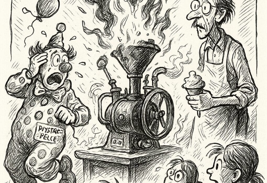 🔥 Iskrem og inferno i Flåklypa (Lom): Barneforestilling eksploderte i damp og desperasjon! 🔥 5 Karikatur av flammende iskremmaskin og sjokkert publikum i Flåklypa