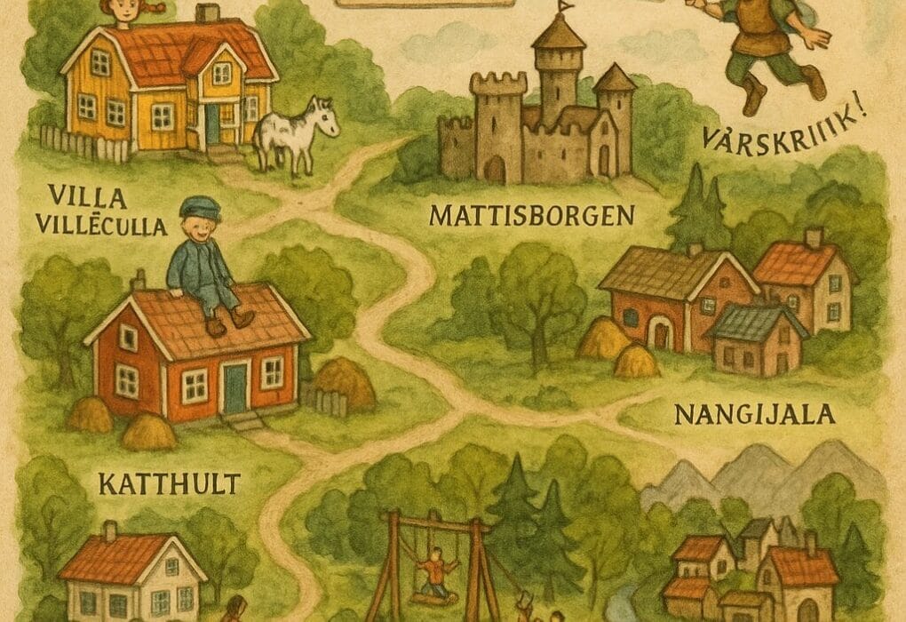 Forvilla i Astrid Lindgrens Verden (Vimmerby) – ein svensk saga om kjøttdeig, gnagsår og grenser som glapp 5 Håndtegnet kart over Astrid Lindgrens Verden i Vimmerby, med illustrerte områder som Villa Villekulla, Katthult, Mattisborgen og Nangijala, omgitt av skog, stier og glade barn i lek.