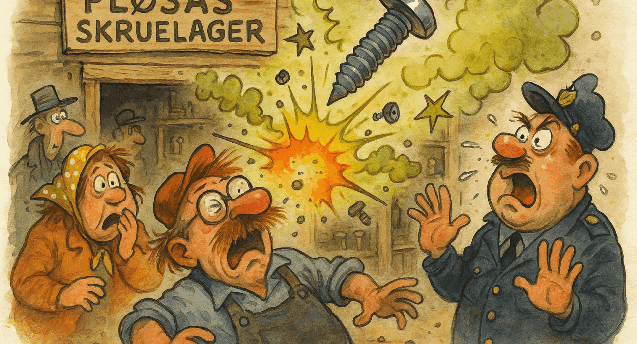 Skruekatastrofe i Grise-torp (Pløsas Skruelager) 5 Karikatur av skrueeksplosjon på Pløsas Skruelager i Grise-torp