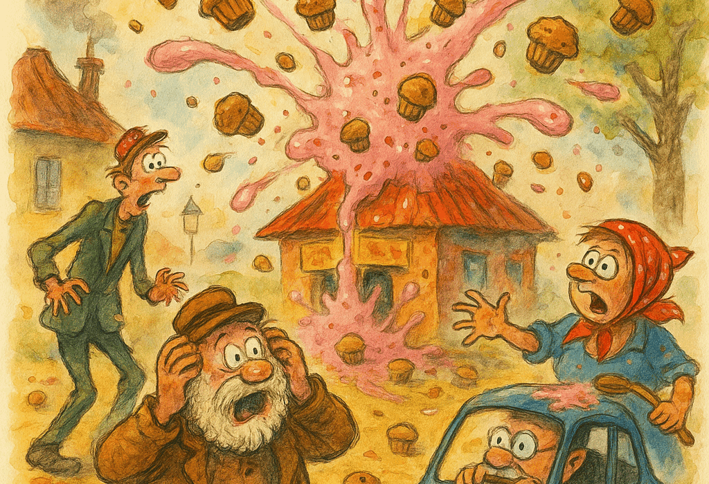 Muffinsmysteriet på Tjafs-plassen (Muffinsgate hos Bolla Brødball) 5 Muffinser eksploderer frå bakariet i Tjafs-plassen medan bygdefolk flyktar i sjokk og glasur