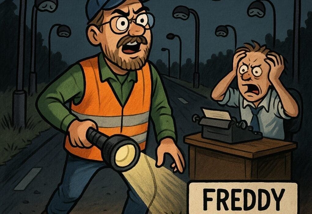 Mørke krefter i Østfold (og Moss): – Fjerna lyset for å gjere oss blinde! 5 (karikatur): “Freddy står med lommelykt og refleksvest, omgitt av mørklagde gatelykter og ein redaktør som riv seg i håret.”