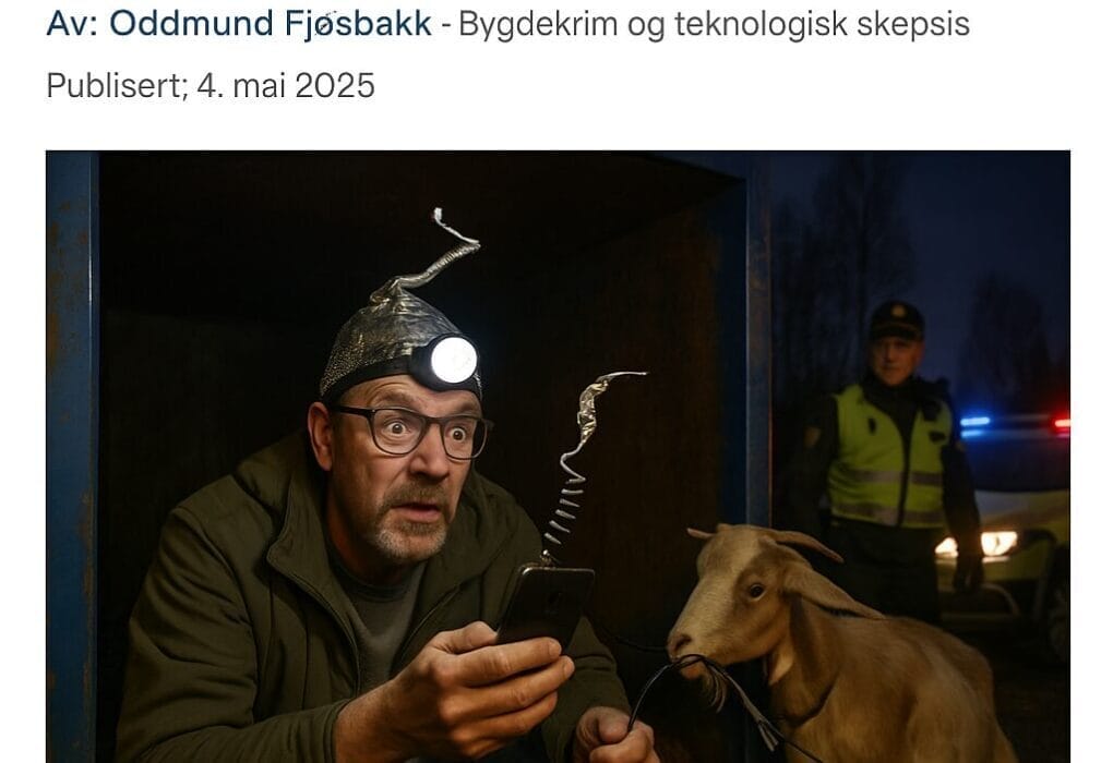Totning funnen i container – hevda han "leita etter WiFi-signal frå kommunal ljosmast" 5 Totning med aluminiumsfolieantenne og hovudlykt sit i konteinar og stirar konsentrert på mobiltelefon. Ei geit tygger på ein kabel ved sida av, medan ein politibetjent i refleksvest ser forvirra ut i bakgrunnen.