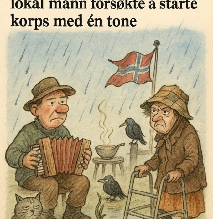 Trekkspill, trøbbel og trøndersodd i Tverrbygda – lokal mann forsøkte å starte korps med én tone 5 Lokalt værfenomen i Tverrbygda – regn, rullator og råte