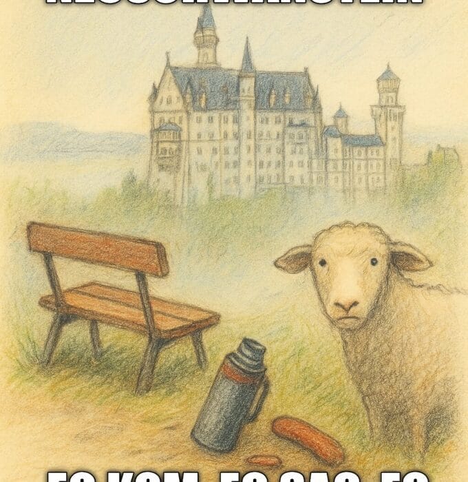 Med skepsis til Schloss Neuschwanstein – ei historie om tvangsturisme, tysk murpuss og ei pølse eg aldri blei ferdig med 5 Fargeblyantteikning av Neuschwanstein i tåke med termos, pølse og sau i forgrunn – symbol på ufrivillig turisme og tysk matforvirring