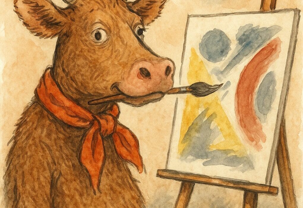 Mystisk ostekrise på Sundbyjordet: Kua Malla nekta å mjølke – hevda ho var 'kunstnarisk utmatta' 5 Karikatur av kua Malla med skjerf og pensel i munnen framfor eit abstrakt lerret.