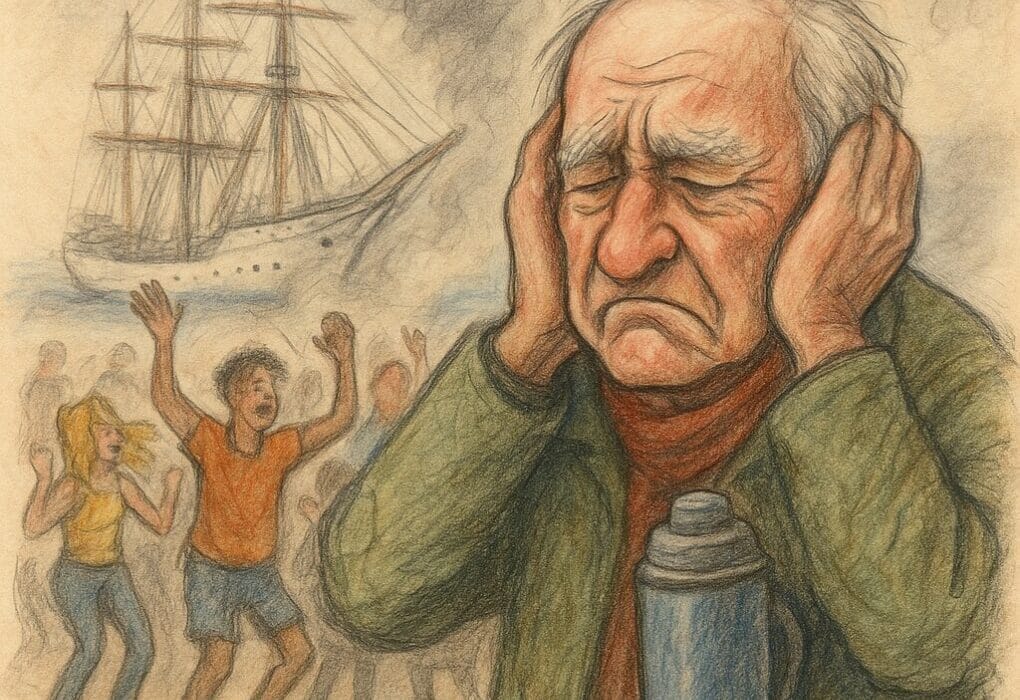 Fullriggeren Sørlandet frå fortida vender heim – med ungdom og ukultur om bord 5 Eldre mann dekker ørene på ungdomskonsert ved Sørlandet-skoleskip – Svenno skeptisk