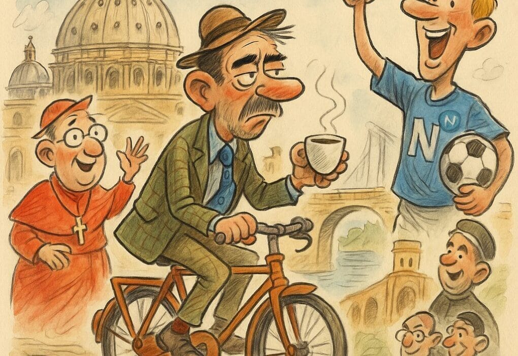 Italia i mai 2025: Fra pavemysterier, økonomisk oppsving og sportslig triumf 5 Karikatur i Gunder Smørsnipp-stil av en diplomatisk forvirret syklist med kaffekopp i hånden, omgitt av en smilende kardinal, en jublende Napoli-spiller og Vatikanet i bakgrunnen – med broen over Messinastredet som et symbol i horisonten.