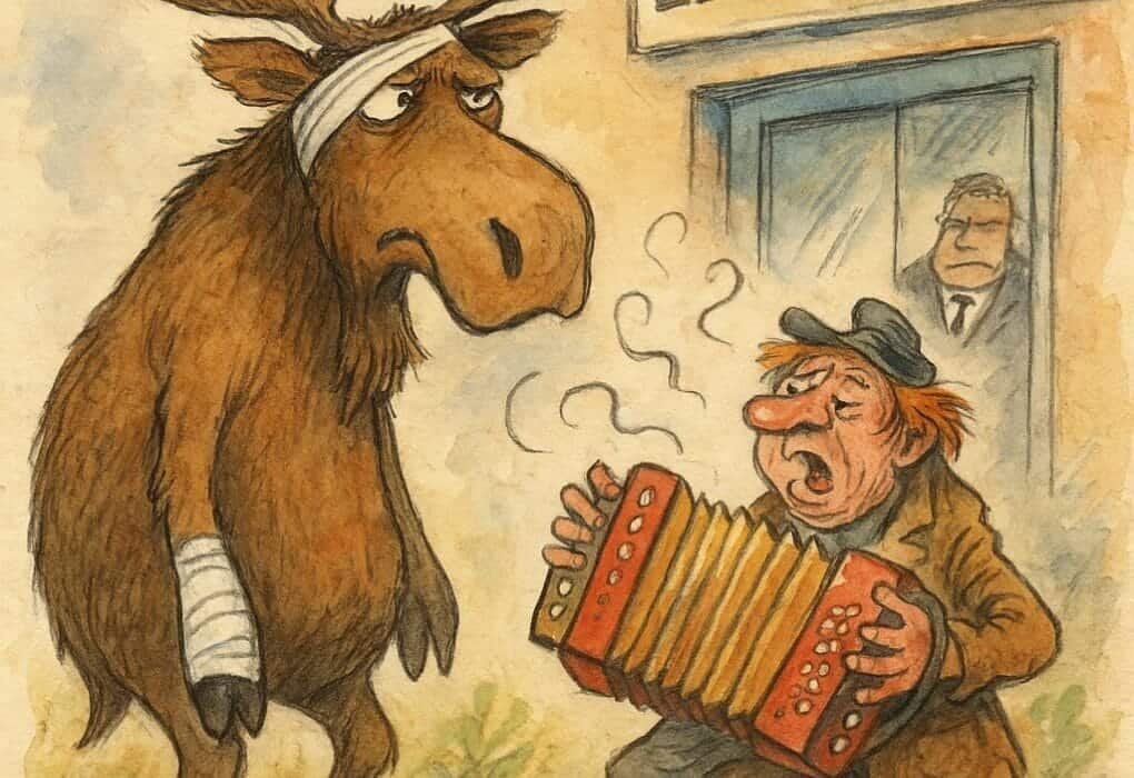 Elg i legevakta og trekkspill på trammen – bygdedrama i Knuskleiv (Bøvermoen) 5 Karikatur av elg med bandasje og trekkspillar utan rytme foran legevakt i Knuskleiv