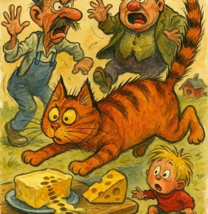 Karikatur av feit katt, småunge med brunost i hånda, og bikkje som luskar – alt i kaotisk bygdekjøkken